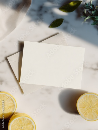 Elegant blank white greeting card with matching envelope placed on a marble surface surrounded by sliced lemons and greenery under natural sunlight