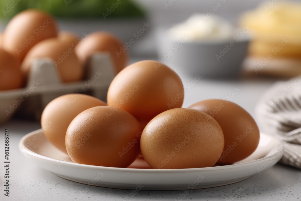 Fresh organic brown eggs on a white plate with a background of egg carton, bowls of eggs and baking supplies in a bright kitchen setting Fresh organic brown eggs on a white plate with a background of egg carton, bowls of eggs and baking supplies in a bright kitchen setting