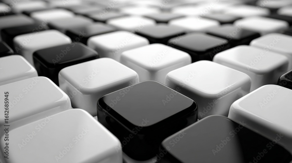 Obraz premium Close-up of a modern mechanical keyboard with black and white keys, detailed shot highlighting the keycaps and sleek design, perfect for tech and gaming setups