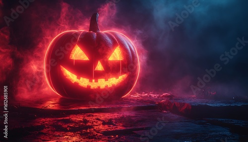 Glowing Jack O Lantern with Red and Blue Smoke on Dark Textured Ground Halloween pumpkin