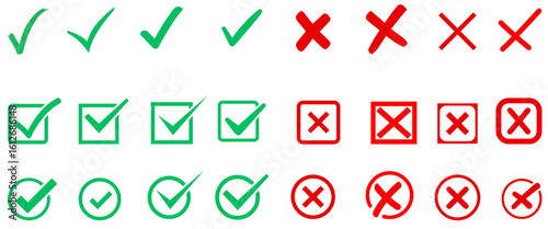 Check marks doodle set. Vote, yes, no, checkbox, checklist, tick and cross signs, v and x drawn concept. Hand drawn doodle sketch style vector illustration