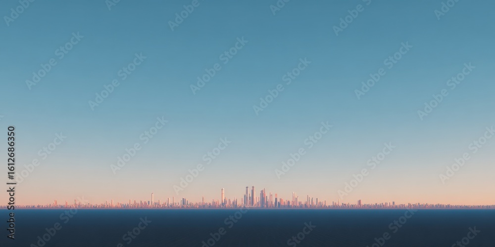 Fototapeta premium A panoramic view of a modern city skyline at sunset with tall skyscrapers and vibrant colors in the sky showcasing urban architecture and cityscape scenery