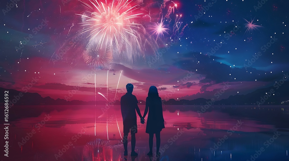 Fototapeta premium Silhouetted Couple Holding Hands Watching Fireworks Over Lake at Night