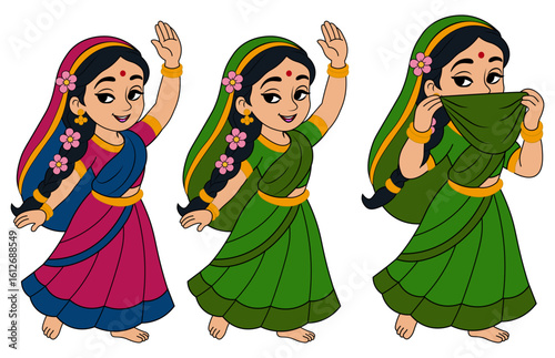 Cute Indian Girl Character Traditional Dance Poses