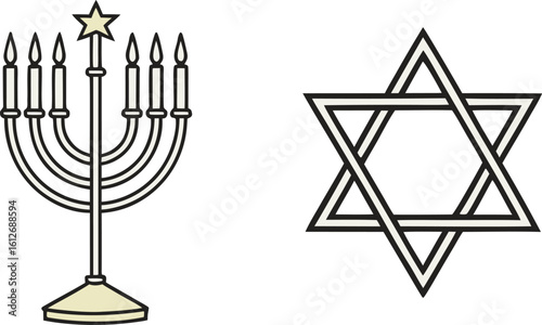 Hanukkah icon set with traditional Jewish holiday symbols and elements. Decorative Hanukkah icon collection featuring menorah candles and dreidels. Jewish holiday Hanukkah icon pack with festive