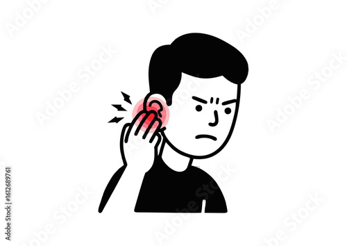 icon of a man suffering from ear infection, touching his ear in pain.