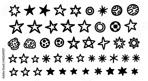 A collection of hand-drawn star and celestial body icons in varying shapes and sizes, arranged in rows.