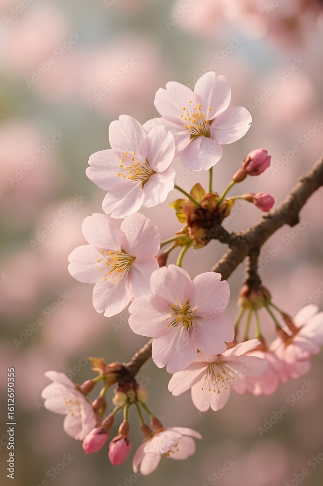 Fototapeta premium Close-up of pink cherry blossoms in full bloom on a spring branch