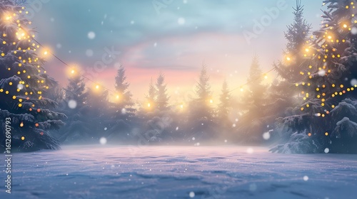 Winter Snowy Forest Scene with Christmas Lights and Soft Sunset Sky