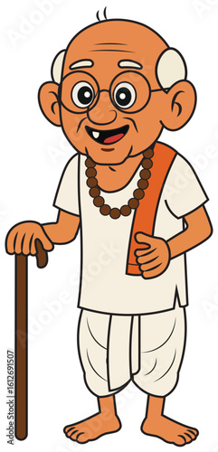 Happy Old Indian Man Character with Walking Stick