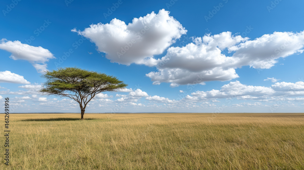 Obraz premium Vast savanna landscape features solitary tree bright blue sky filled with fluffy clouds
