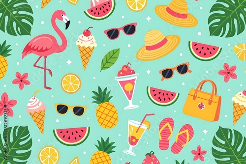 Pink flamingo sunglasses ice cream and fruit summer pattern