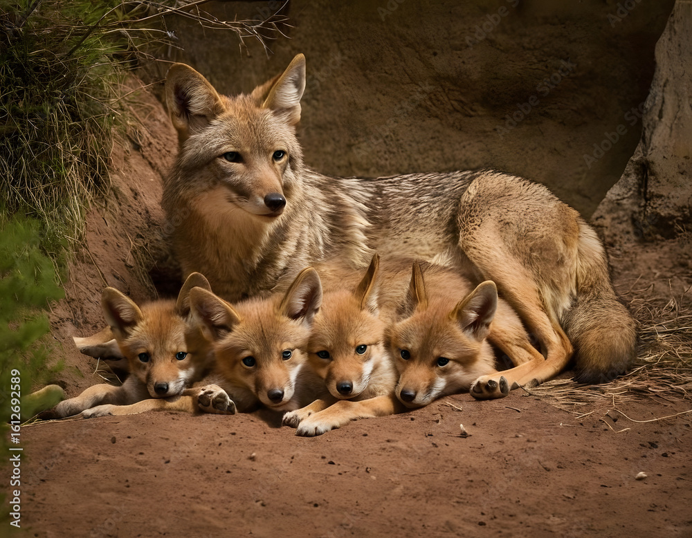 Naklejka premium Mother Coyote Resting in Den with Playful Pups. A beautiful photo of a coyote family. grey wolf in the woods.
