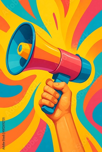 Vibrant stylized arm holds megaphone with swirling colorful background illustration art style