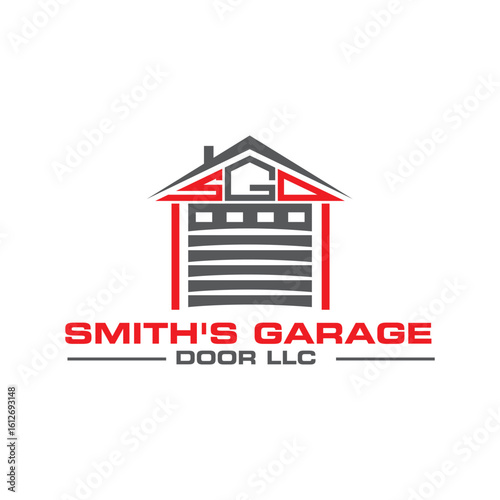 Modern Red and Gray Garage Door Company Logo Design;  Clean, Minimalist Style;  Professional, Reliable Branding for Home Improvement Business;  Ideal for Website, Marketing Materials, and Business Car