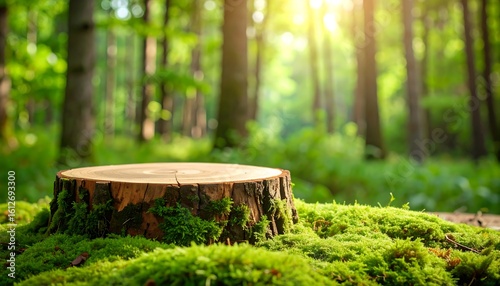 Wood stump podium in lush forest with moss and sunlight for product display.
