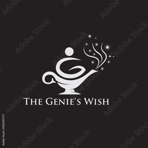 Elegant Genie Lamp Logo Design: Abstract White Silhouette on Black Background, Mystical, Magical, Enchanting, Whimsical, Fantasy, Hopeful, Dreamlike, Spiritual,  Wish-Granting,  Success, Opportunity, 