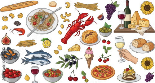 Vibrant Italian food spread with pasta, seafood, pizza, wine, and cheese