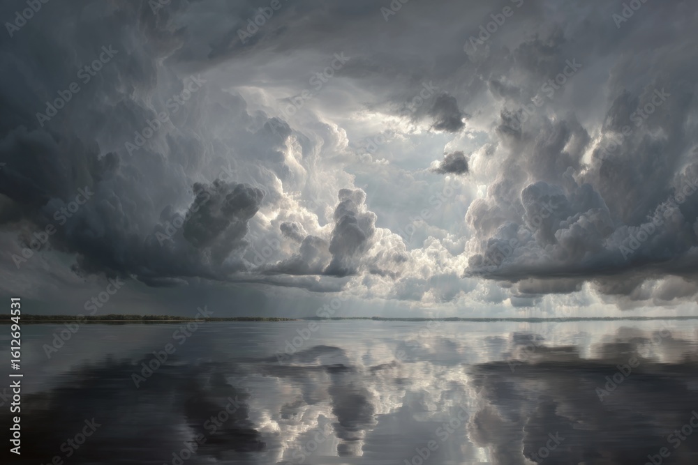 Obraz premium Dramatic Cloud Formation Over Tranquil Water Reflecting the Calm Before a Storm in an Atmospheric Landscape Scene
