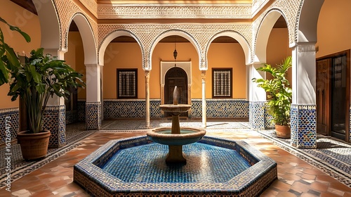 An archway leads through an ancient courtyard of a Moorish palace in Spain