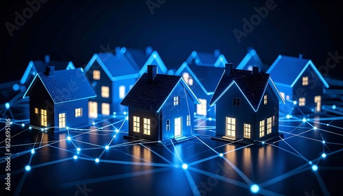 Illuminated houses interconnected by a digital network, suggesting smart home technology or a community network