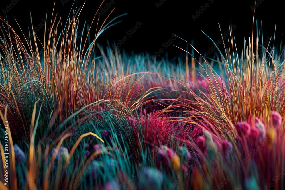 Fototapeta premium Vibrant Abstract Grass and Foliage in Bright Colors Captivating a Surreal Landscape with Rich Texture and Depth