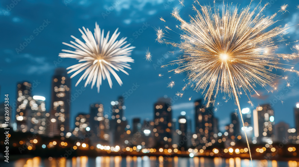 Fototapeta premium Fireworks illuminate night sky over city skyline, creating festive atmosphere