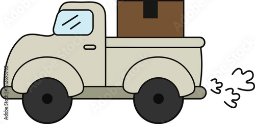 Cute and simple vector illustration of a beige delivery truck carrying a cardboard box, with exhaust smoke detail