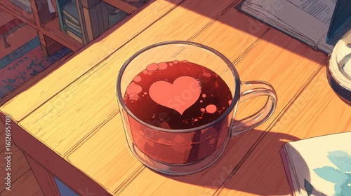 A cup of drink with a heart-shaped design on a wooden table.