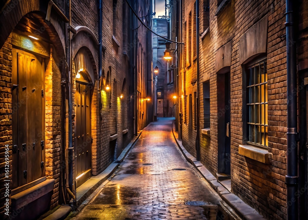 Fototapeta premium Atmospheric narrow cobblestone alleyway at night illuminated by warm streetlights reflecting on wet pavement