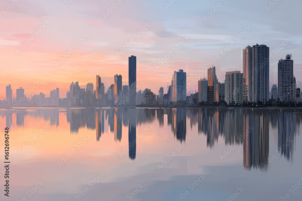 Fototapeta premium Serene Reflection of Urban Skyline at Dawn with Soft Pastel Colors and Calm Water Surface Beneath the Twilight Sky