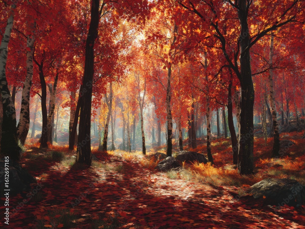Fototapeta premium Majestic Autumn Forest with Vibrant Red Foliage and Sunlight Filtering Through Trees