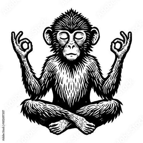 Zen Monkey Meditating in Serene Lotus Position with OK Hand Mudra Gestures Black and White Outline Line Art Drawing