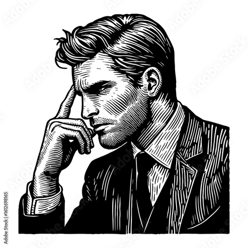 Businessman Thinking Deeply with Hand on Temple Pondering Concept Black and White Outline Line Art Drawing