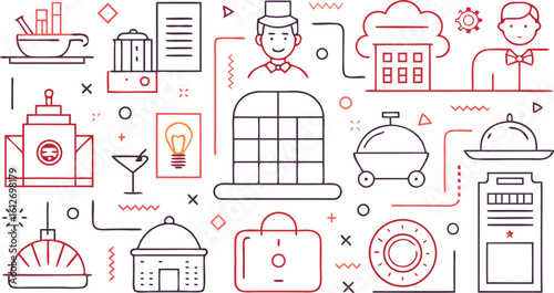 Collection of restaurant and service industry icons in red and purple gradient lines hospitality food