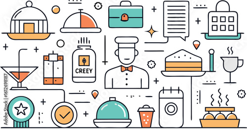 Collection of food and service icons with chef and cake drink