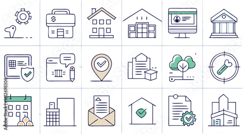 Collection of hand-drawn business and finance icons with blue and green accents icon set doodle