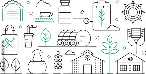 Collection of simple line art icons representing agriculture and industry with green accents farm greenhouse