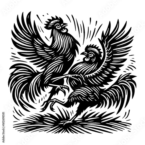 Fierce Rooster Battle Black and White Outline Line Art Drawing Vintage Style Farm Animal Combat