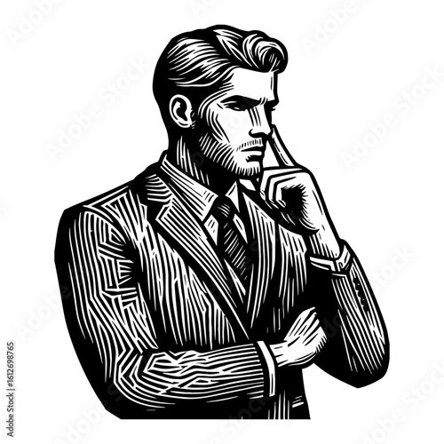 Thoughtful Businessman Pondering with Hand on Face in Black and White Outline Line Art Drawing