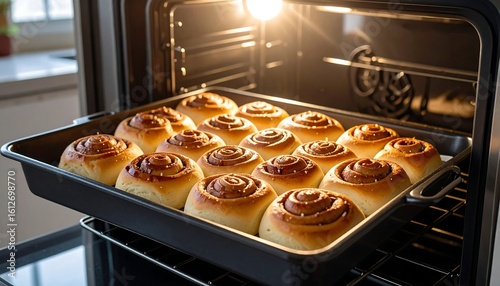 Golden-brown cinnamon rolls baking on a tray inside an oven