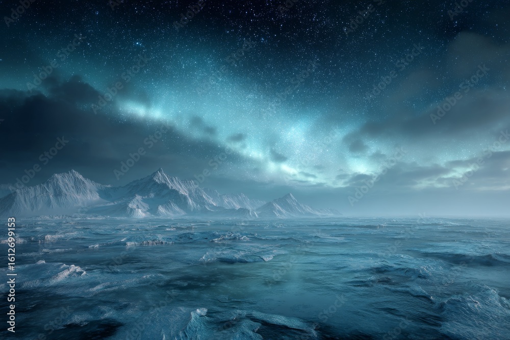Fototapeta premium Majestic polar landscape under the northern lights with dramatic mountains and serene icy waters in a starry night sky