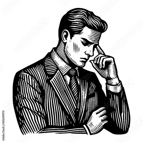 Man Pondering Deeply in Pinstripe Suit Black and White Outline Line Art Drawing