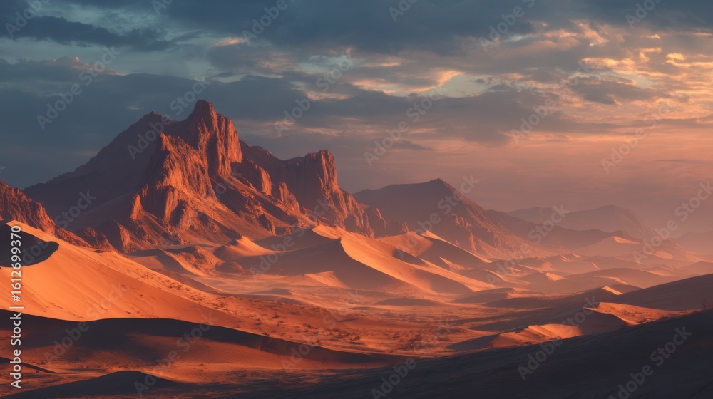 Fototapeta premium Majestic Mountain Range Bathed in Golden Sunset with Textured Sandy Dunes Under Dramatic Cloudy Sky