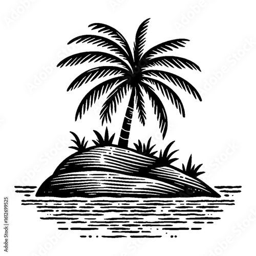Palm Tree on Deserted Island in Water Black and White Outline Line Art Drawing Vector Icon Retro Vintage Etching Style