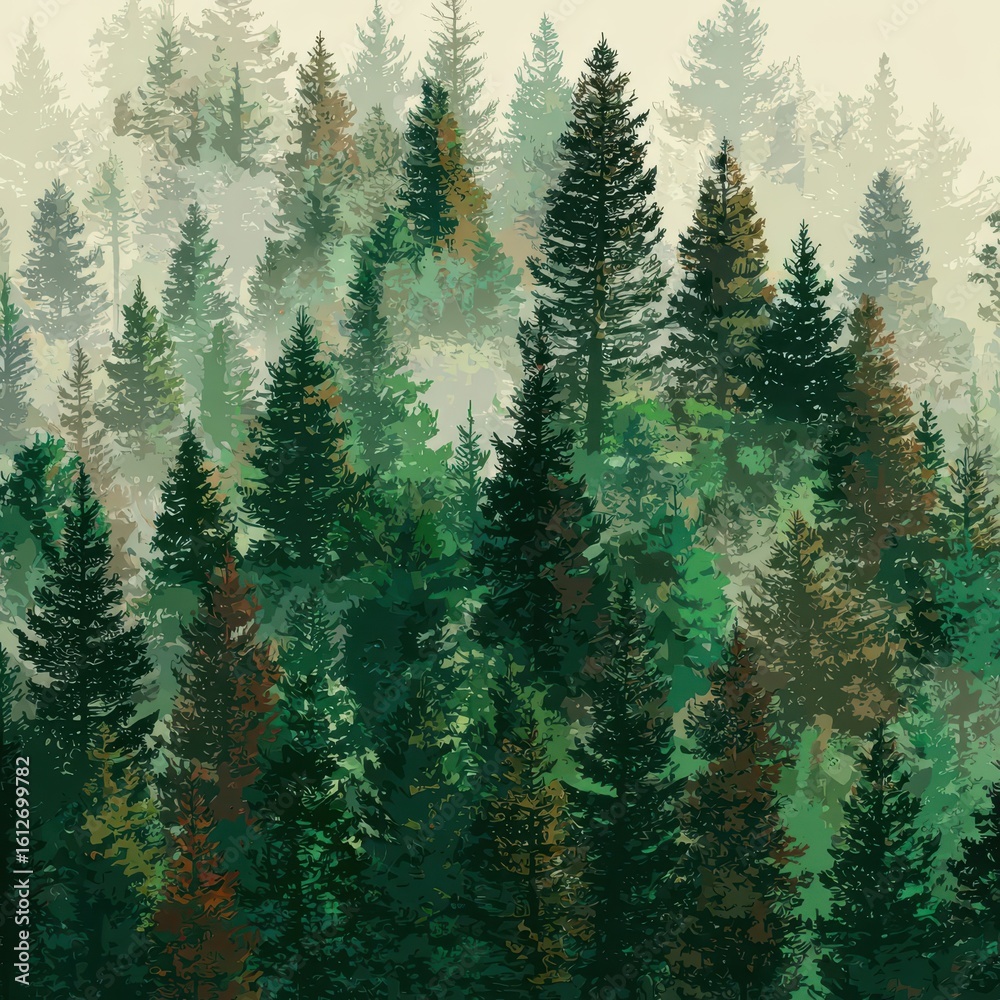 Fototapeta premium Misty forest scene of towering evergreens.