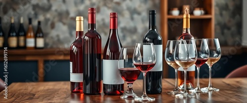 Elegant red and white wine bottles and glasses on wooden table, background, red wine glass