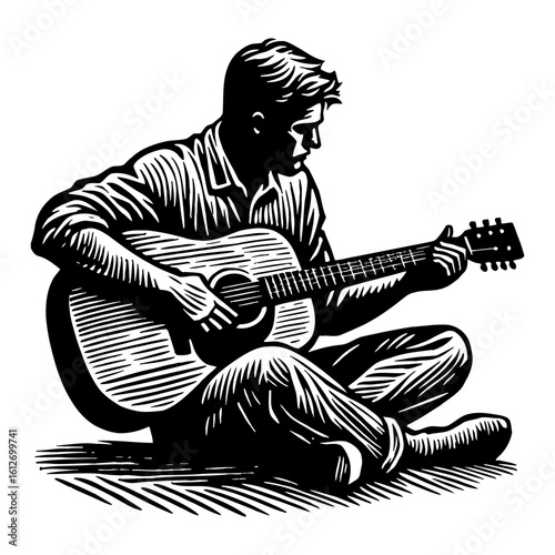 Young Man Playing Acoustic Guitar While Sitting Down on Ground Black and White Outline Line Art Drawing