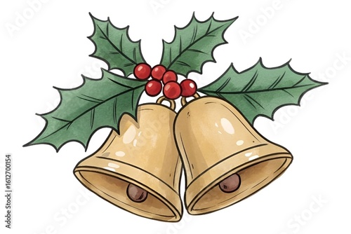 Cartoon Golden Christmas Bells with Holly Leaves and Berries on White Background