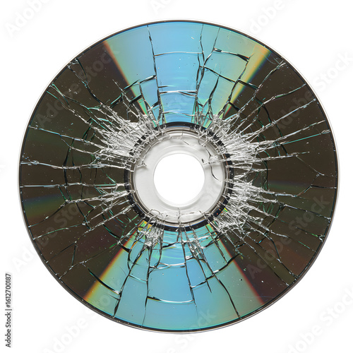Cracked disc isolated on white background showing damage detail  